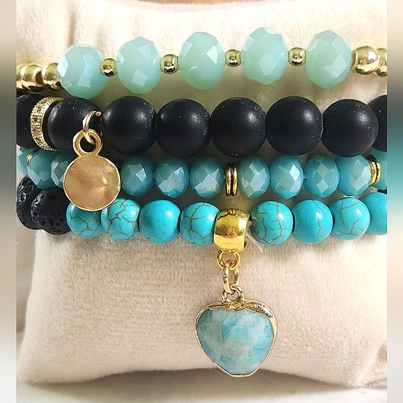 NWT Ryze Natural Stone Larimar & Lava Rock Beaded Staxx Bracelets - Set of 4 - Picture 3 of 8